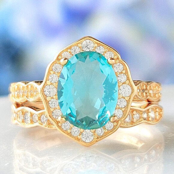 Gold and Aquamarine ring set, 925 Sterling Silver, 10k Gold finish - Picture 3 of 6